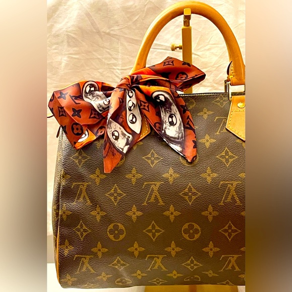 Unbranded Accessories - Orange Black Brown Monogram and Chains Print Twilly Bandeau Wrap Scarf